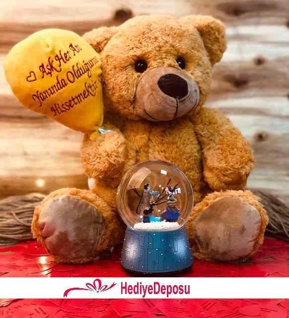 Aşk Masalı Müziki Dönen Kar Küresi Ve Balonlu Aşık Ayıcık Sevgiliye Hediye Seti