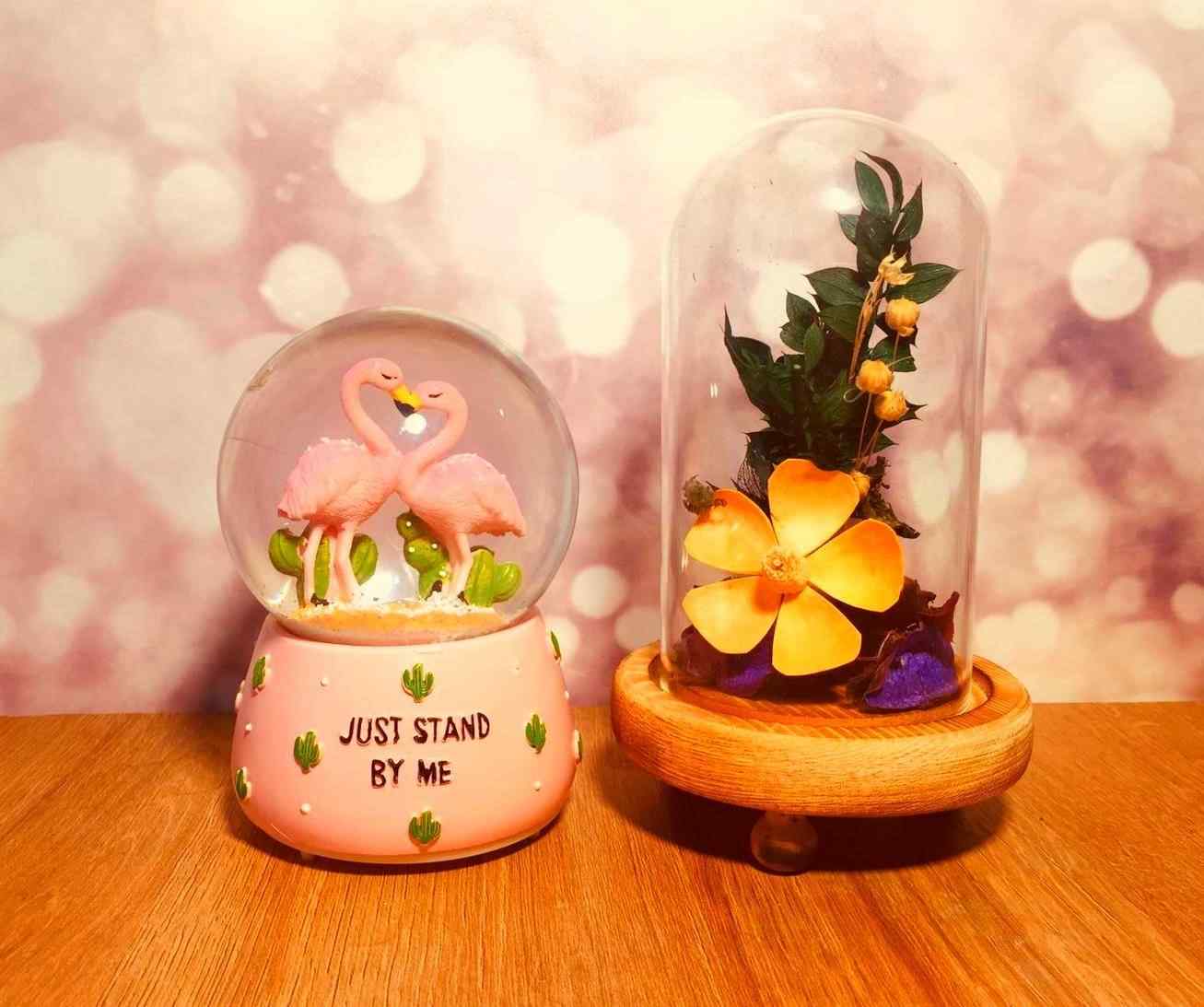 Romantik Cam Fanus İçinde Çiçek Ve Flamingo Kar Küresi Hediye Seti