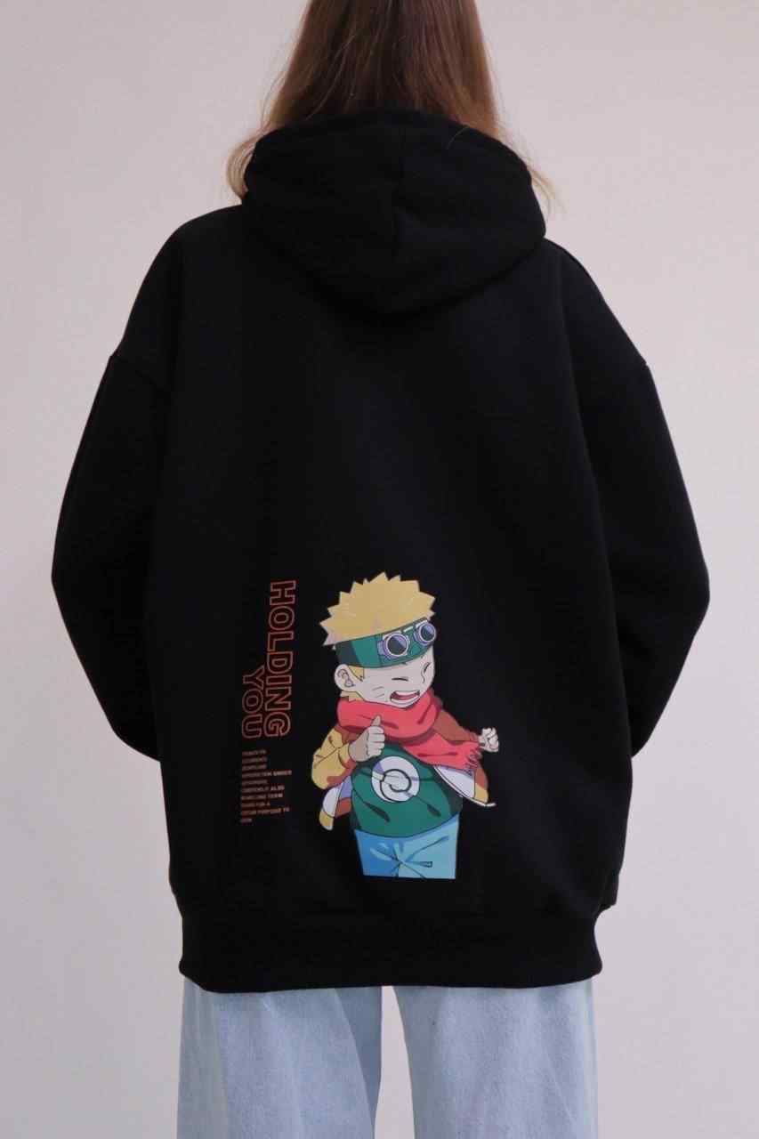 Anime Naruto Holding You Siyah Kapüşonlu Sweatshirt