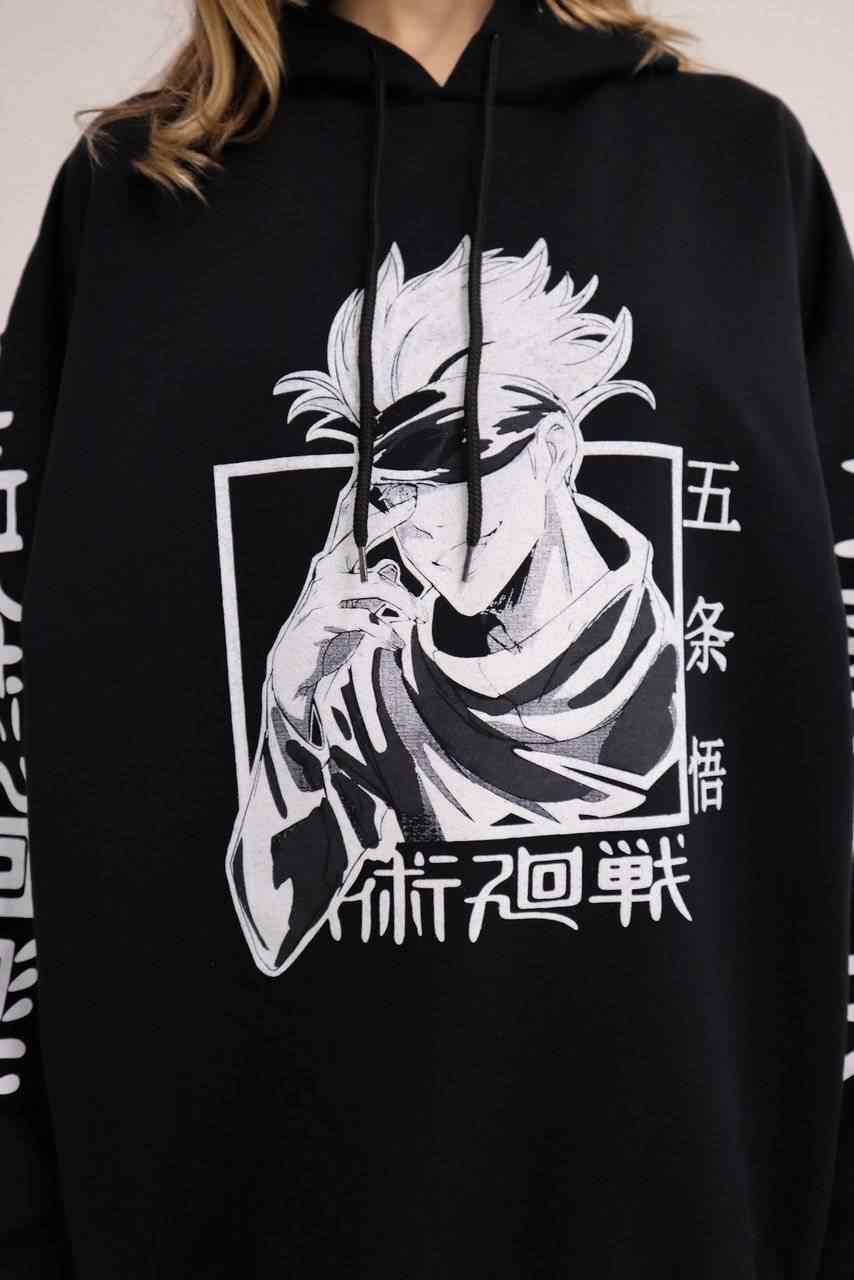 Anime Jujutsu Kaisen Siyah Kapüşonlu Sweatshirt