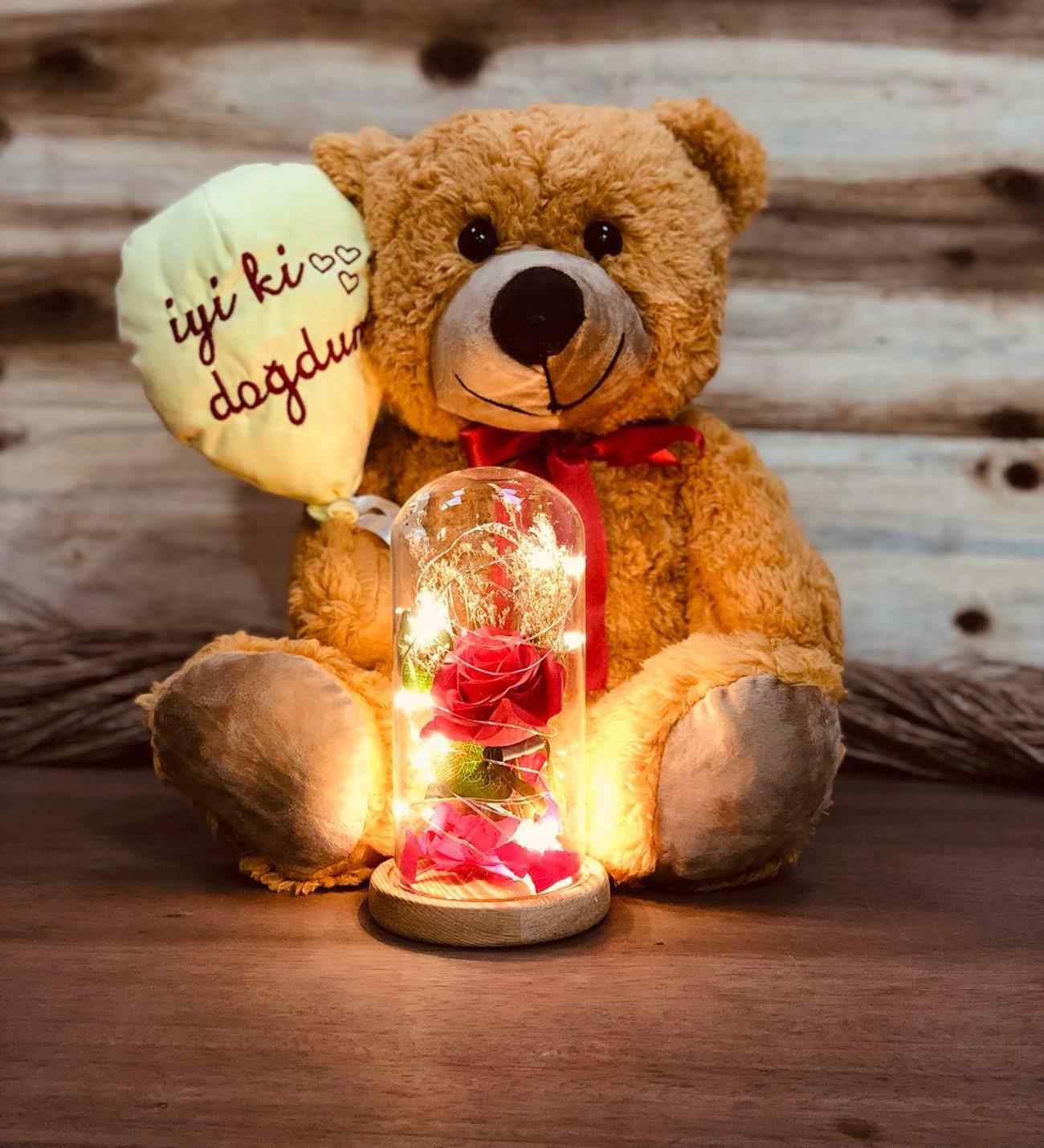 Iyi Ki Dogdun Ayicik Ve Isikli Gul Fanus Unutulmaz Dogum Gunu Hediyesi