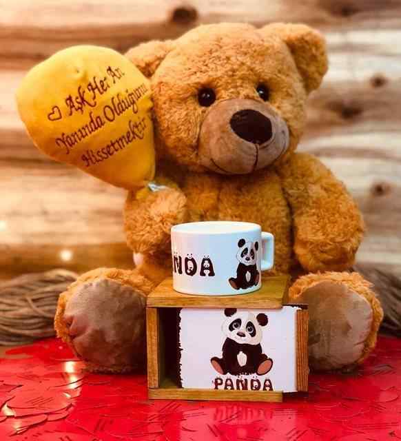 Ask Sozleri Dolu Balonlu Ayicik Ve Panda Kutulu Kupa Sevgiliye Hediye Seti